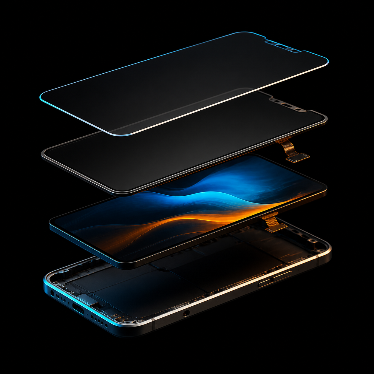 Capas separadas de una pantalla de teléfono